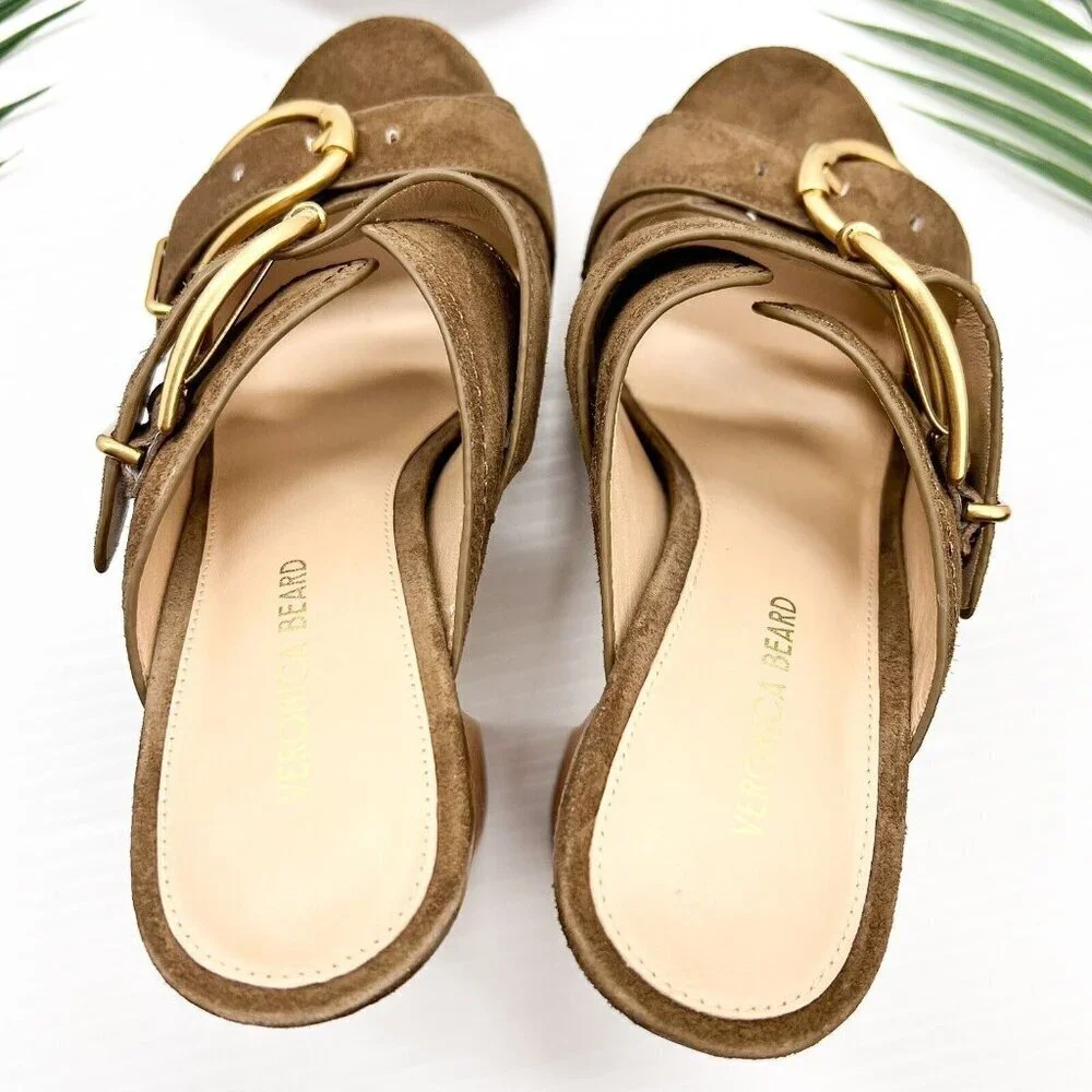 Veronica Beard Garrick Brown Suede Dual Buckle Platform Sandals Size 6.5M NWB